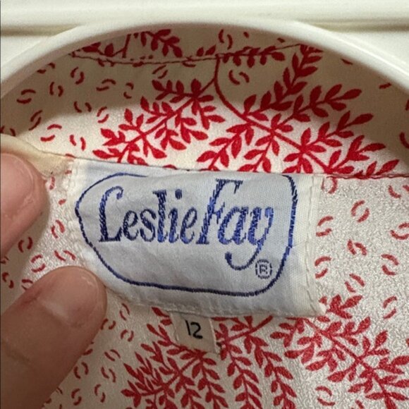 1980s Vintage Fashion! Leslie Fay Red & Cream Leaf Pattern Women’s Dress Sz 12 - Picture 3 of 6